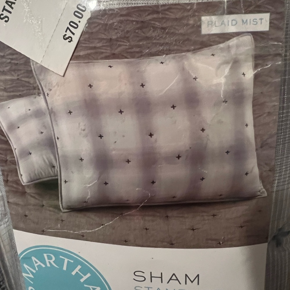Martha Stewart Plaid Mist Quilted Pillow Sham Standard Size 100% Cotton NWT